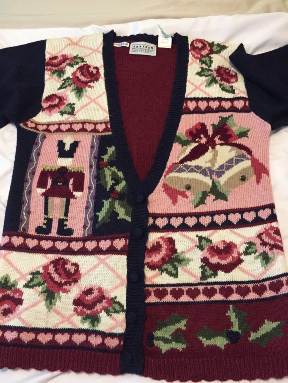 Jantzen Hand Embroidered Christmas Bells, Nutcracker Cardigan Sweater Womens S